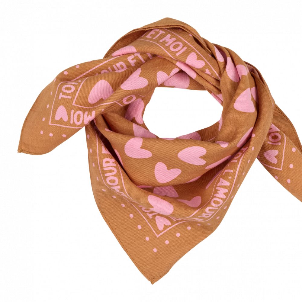 FOULARD 55CM A COEUR MARRON ET ROSE