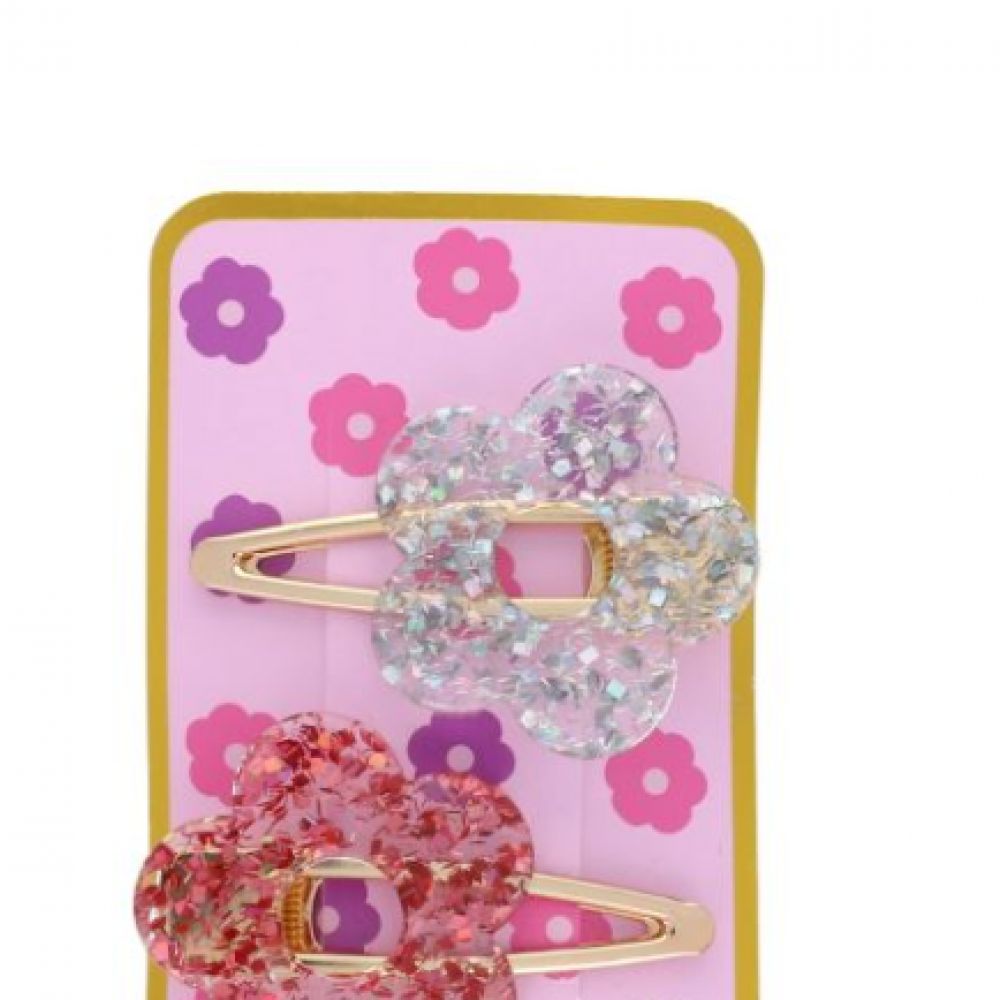 LOT 2 BARRETTES GLITTER FLEUR ROSE/SILVER